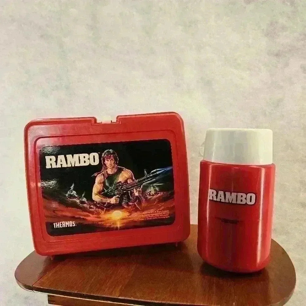 Rambo Lunchbox w/ Thermos‎ Cup 1985 Vintage Red Plastic Collectible Set
